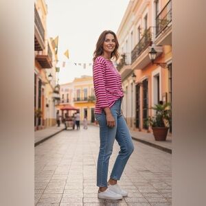 Rafaella striped 3/4 sleeves red and white knit top.‎